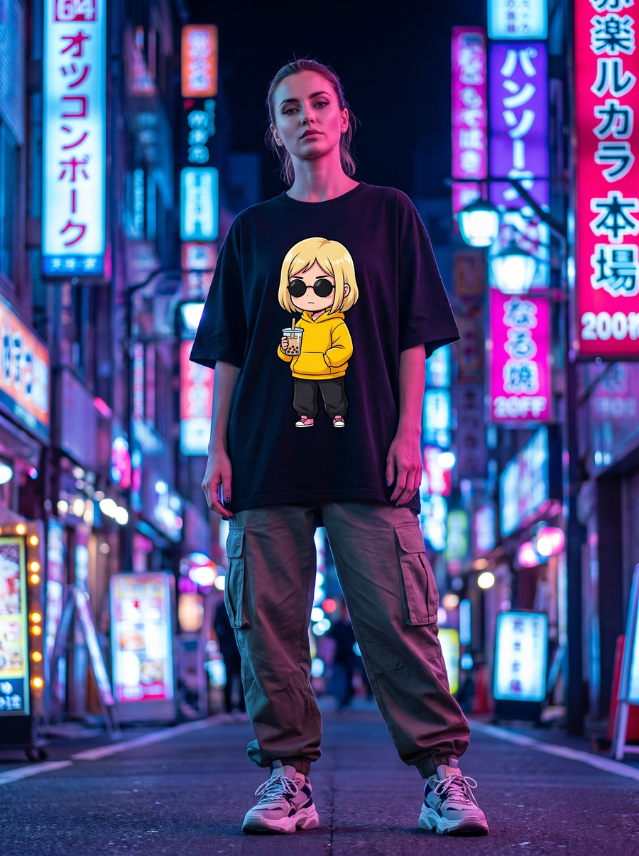 Boba-Bored Anime Meme T-Shirt – Model mit Chibi-Motiv in Neon-Tokyo